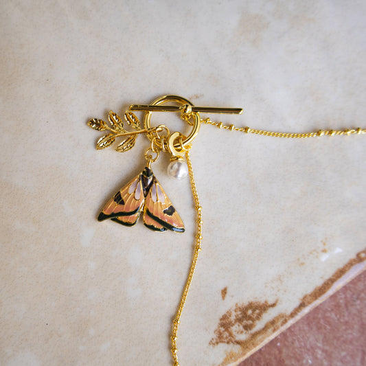 Enamel Moth & Leaf Charm Necklace